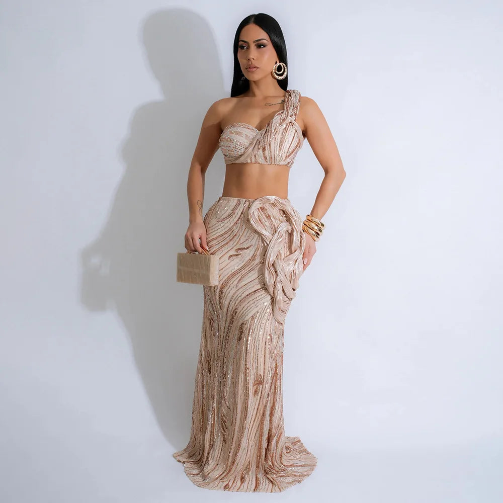Women’s Dress Set Mesh Sequined Ribbon Sleeveless Strap Top + Long Skirts Sets 2 Two Pcs Sets Sexy Party Evening Oufits Apricot
