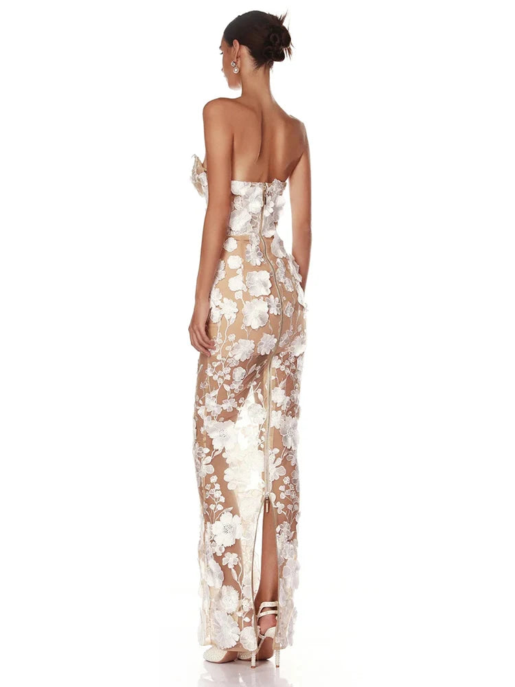 Sexy Strapless Embroidery Flower Long Dress Women Sleeveless Structured Floral Slim Elegant Party Cocktail Evening Gowns