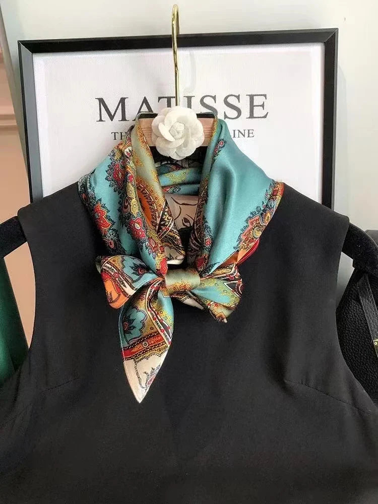 BYSIFA| New Grey Blue Silk Scarf Fashion Floral Design 70cm Square Scarves Fall Winter Neck Scarf Hijab Sweet Headband 65*65cm lake blue