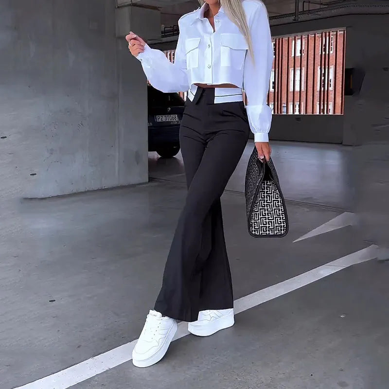 Women Two Piece Set Autumn Office Simple Solid Lapel Long Lantern Sleeve Single Breasted Button Shirt Top Loose Pants Set Black