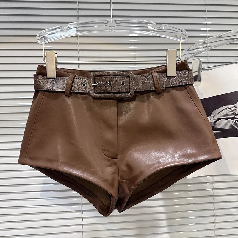 Winter New Style Trendy Pattern Belt PU Leather Curved Edge Short Pants For Women Solid Color Shorts Female 11A07470 Brown