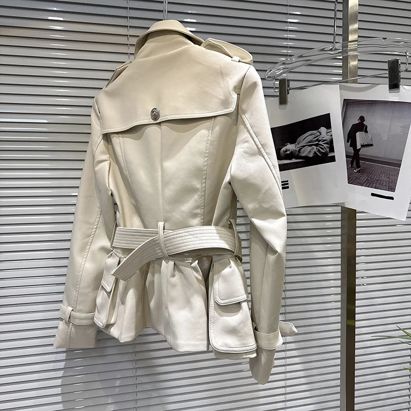 Winter New Fashion Style Double-Breasted Lace-Up Waist PU Leather Jacket For Women Elegant Windbreaker Female 11A07478