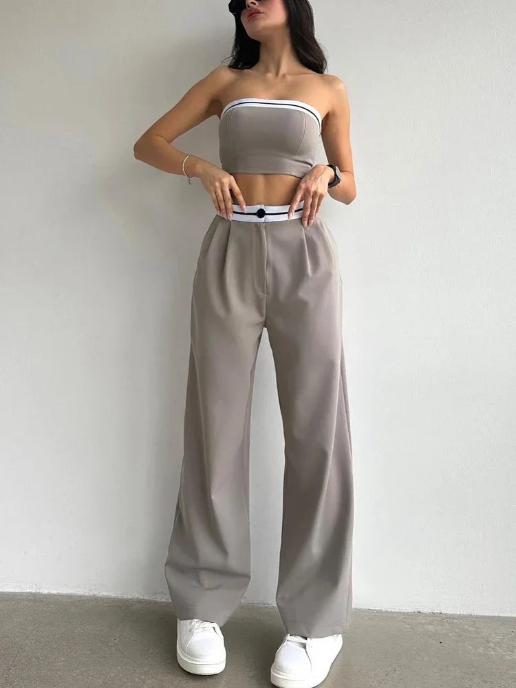 Black Women's Tracksuit with Boob Tube Top Slash Neck Contrast Color Wide Leg Trousers Suit for Women Sexy Two Piece Set Outfit Gray