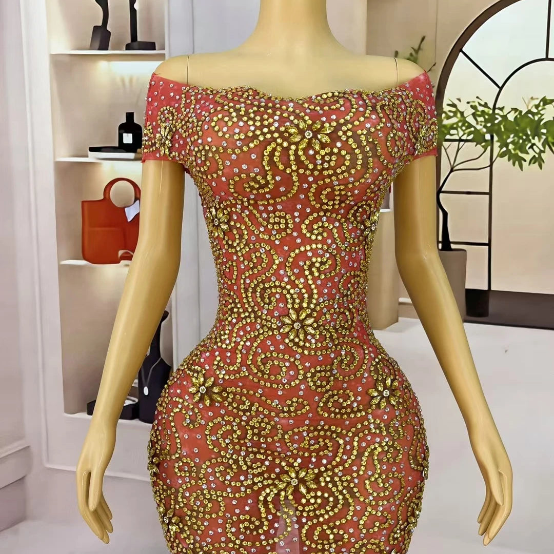 Sparkly Golden Rhinestone Strapless Sexy Mini Dress for Women Birthday Celebrate Party Ball Dress Luxury Dinners Wear Juhuami