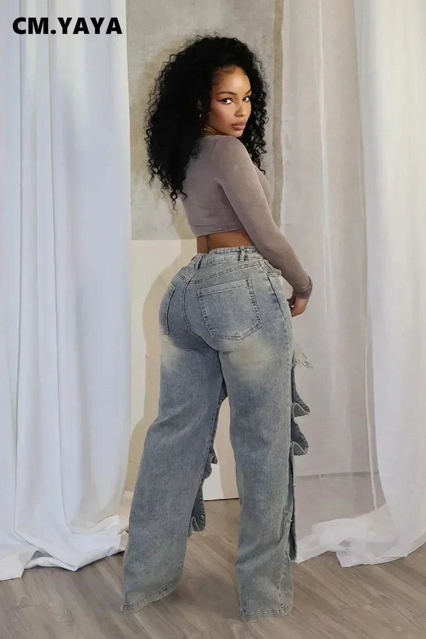 Women Streetwear Button Cutout Cargo Straight Denim Wide Leg Jeans Pants 2024 INS Elastic Fashion Party Cargo Trousers