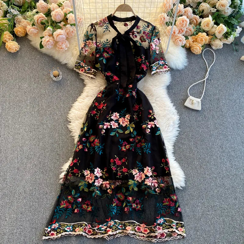 夏新着女性ヴィンテージメッシュ花刺繍マキシドレスレディースレトロ弓 A ラインスリムパーティードレスプラスサイズ