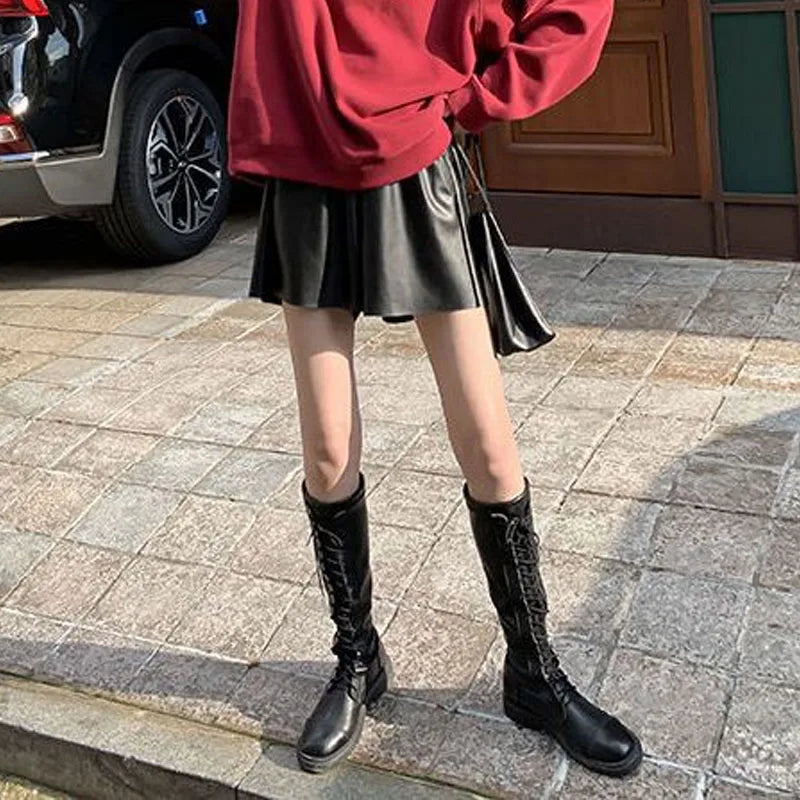 2023 Autumn Winter Korean Solid Color Leather Shorts Trend Women's Clothing All-match Casual Elastic High Waist Pants For Female