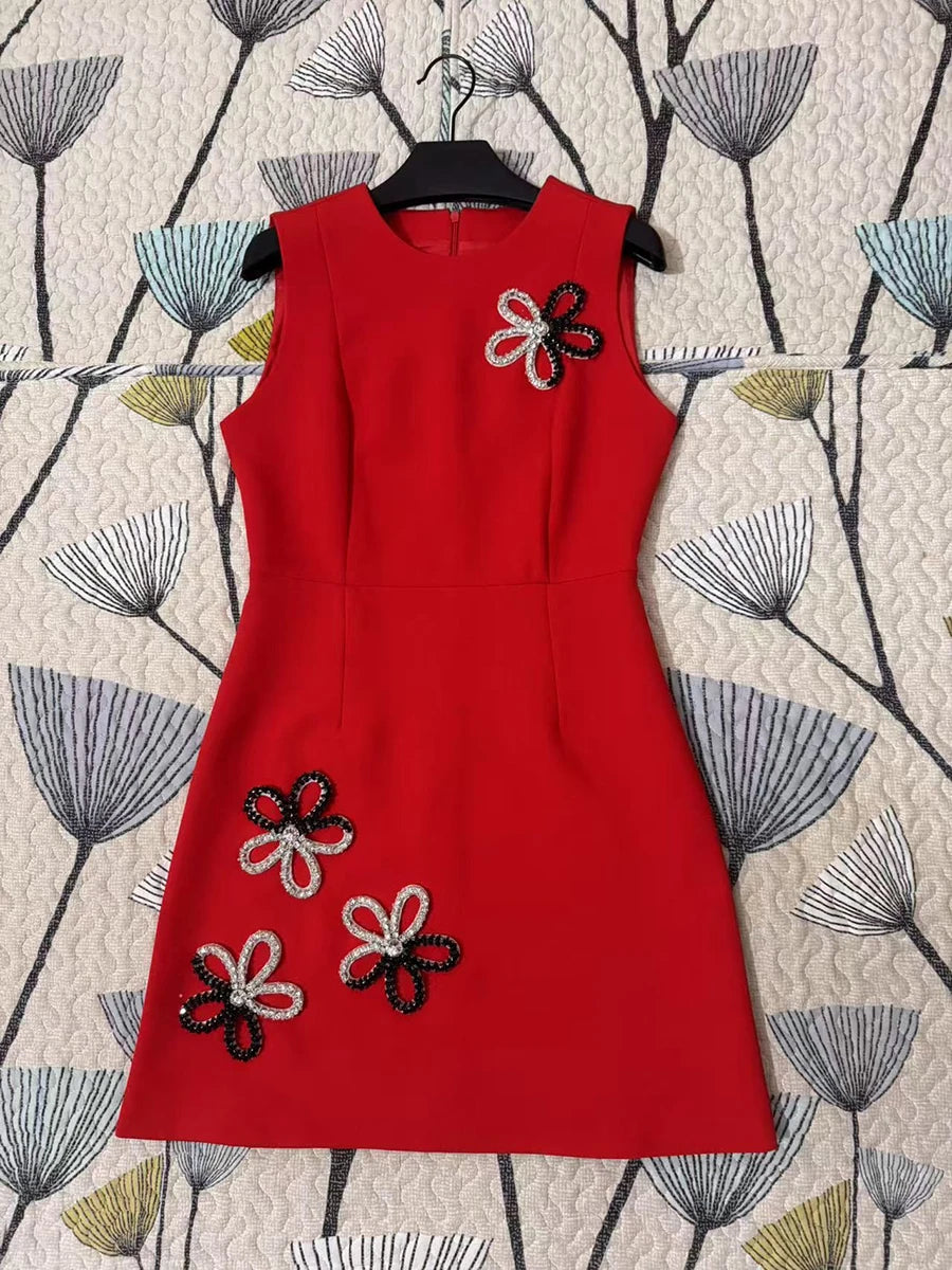Solid Slimming Elegant Dresses for Women Round Neck Sleeveless Patchwork Bead Fashion Mini Dress Female Clothing RED