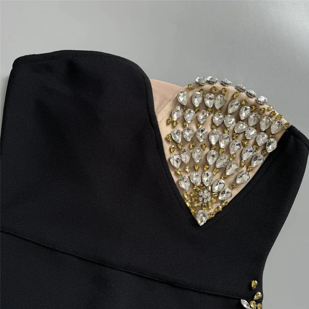 Women Sexy Strapless Golden Crystal Bodycon Long Bandage Dress Fashion Celebrate Evening Party Birthday Photo Shot Wear