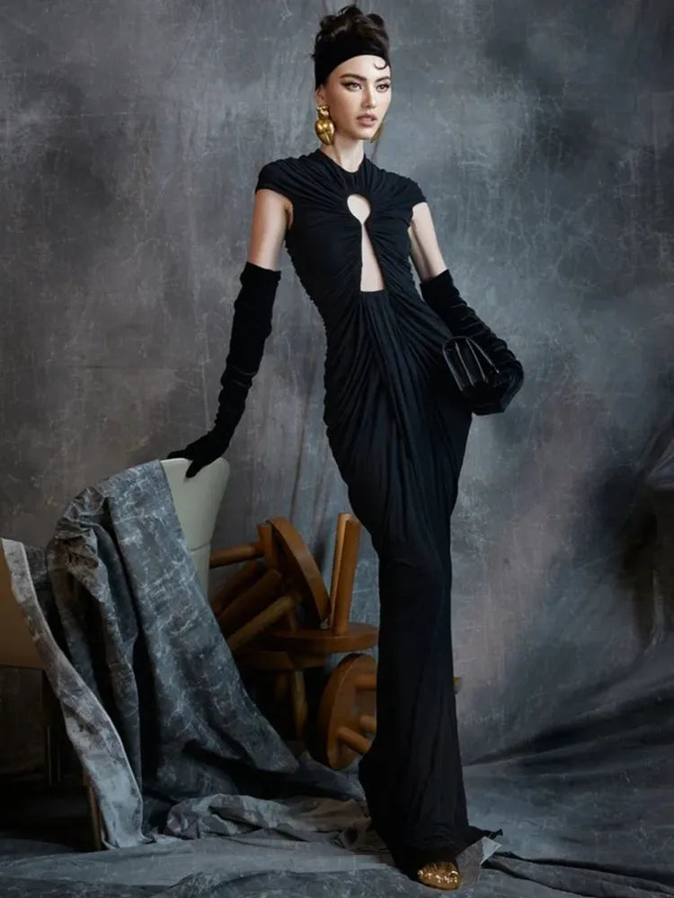 Fashion Women Sexy Short Sleeve Black Mesh Ruched Maxi Long Bodycon Dress 2025 Elegant Evening Club Party Dress