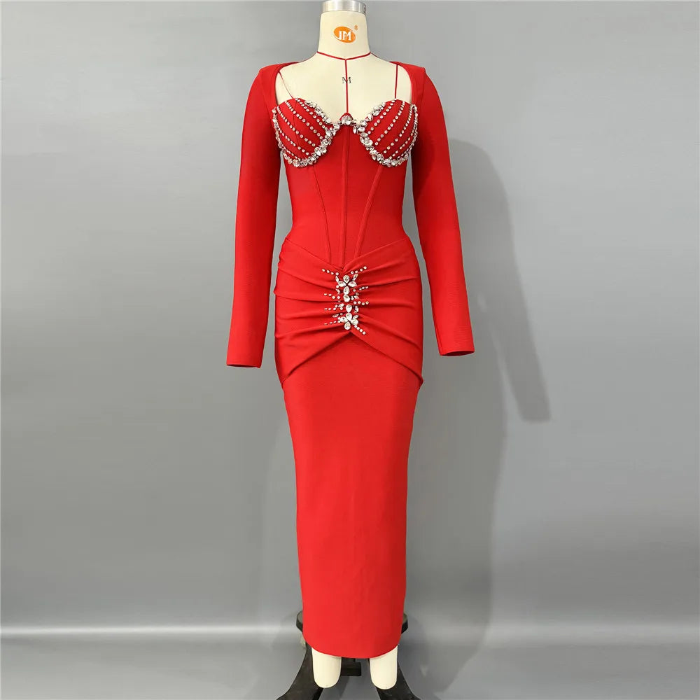 Radiant Red Long Sleeved Midi Dress with Crystal Embellishments for a Gala Event Evening Gown Red