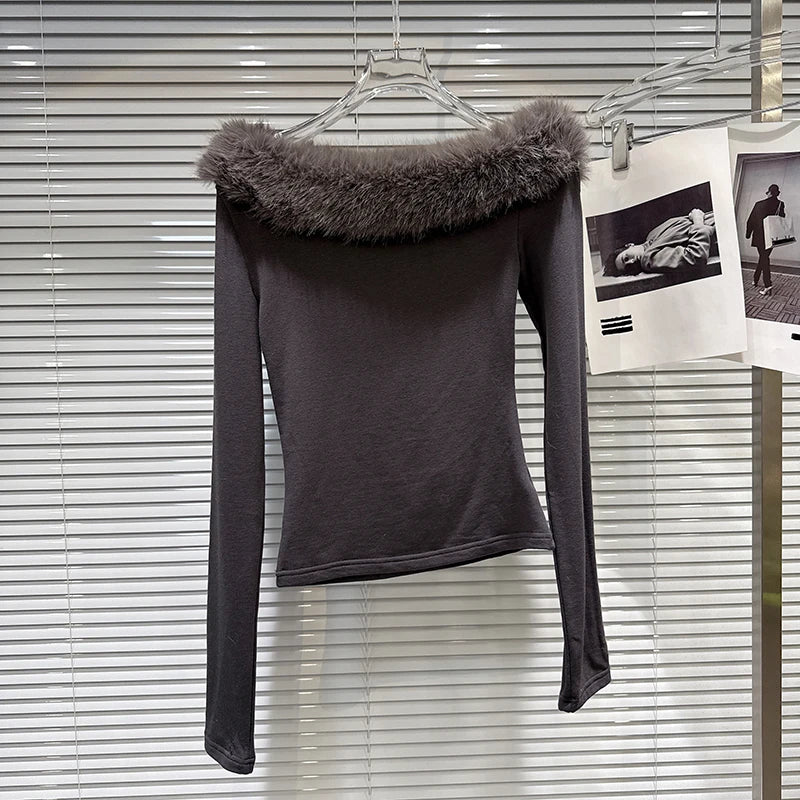 Winter New Fashionable Furry Collar Off-shoulder Long Sleeve T-shirt For Women Slim Fit Versatile Tops Female 11A07947