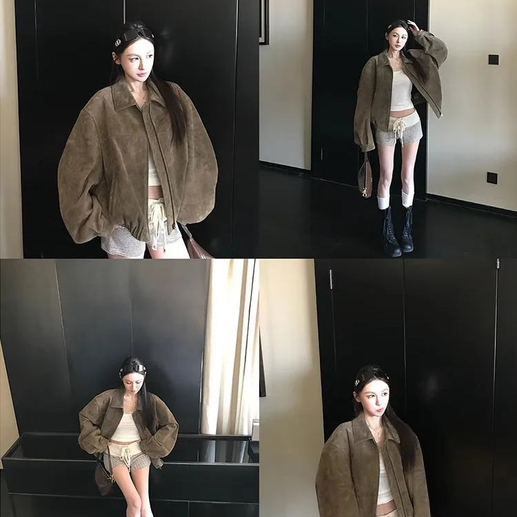 Lautaro Spring Autumn Cool Oversized Faux Suede Leather Jacket Women Turn-down Collar Luxury Designer American Retro Clothing