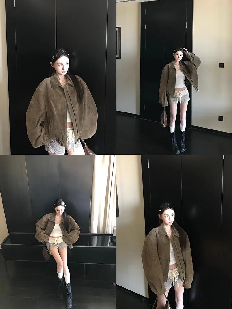 Lautaro Spring Autumn Cool Oversized Faux Suede Leather Jacket Women Turn-down Collar Luxury Designer American Retro Clothing