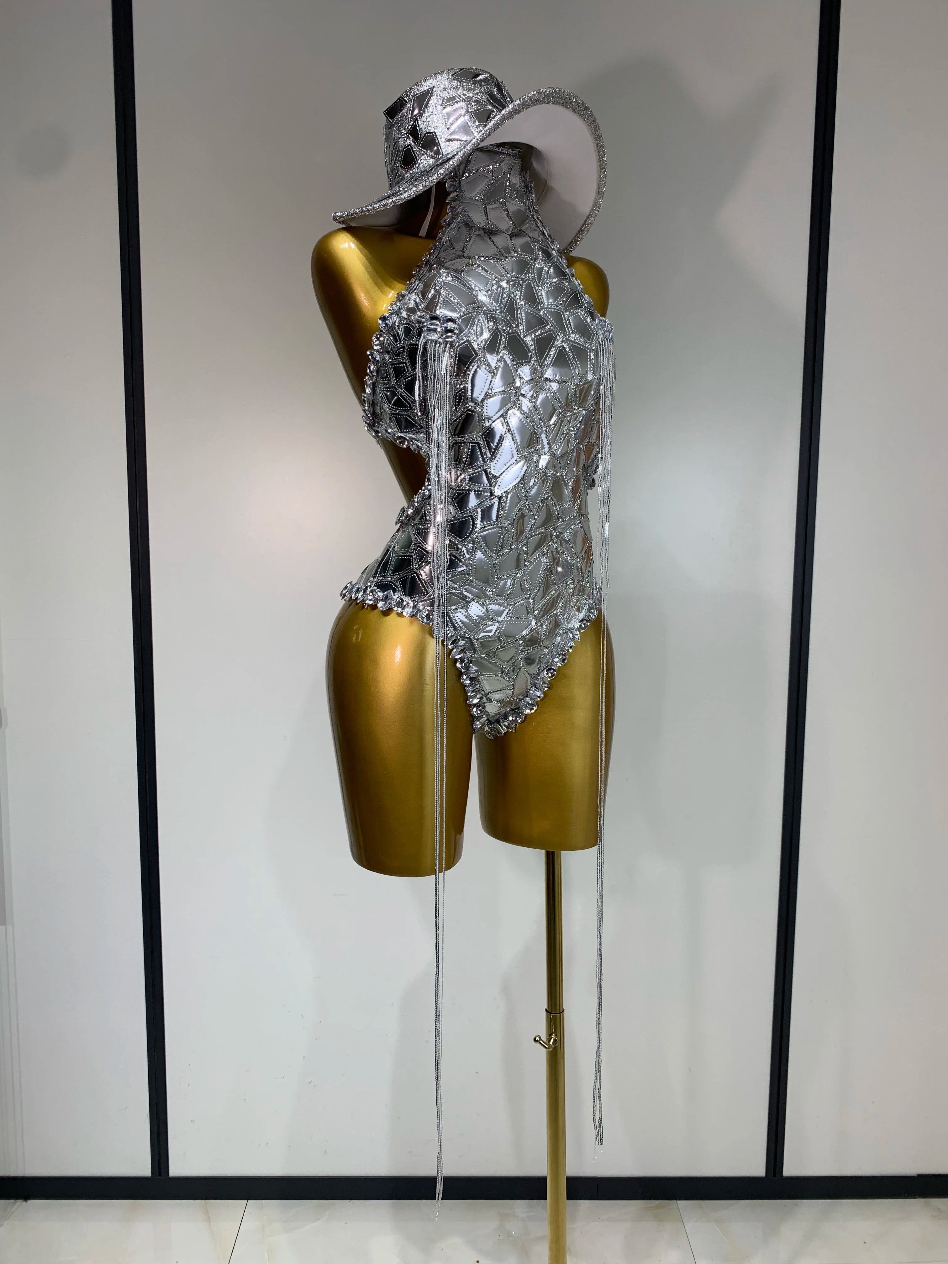 Sprakly Silver Bodysuit Sexy Two Pieces Outfit Dancer Birthday Evening Party Celebrate Performance Singer Stage Perform Outfit