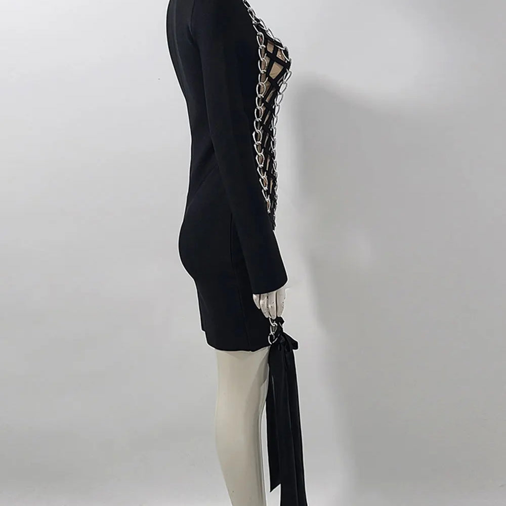 2024 New Women's Sexy Drawstring Strap Bandage Dress O-neck Long Sleeve Bodycon Mini Dress Cocktail Evening Party Vestidos