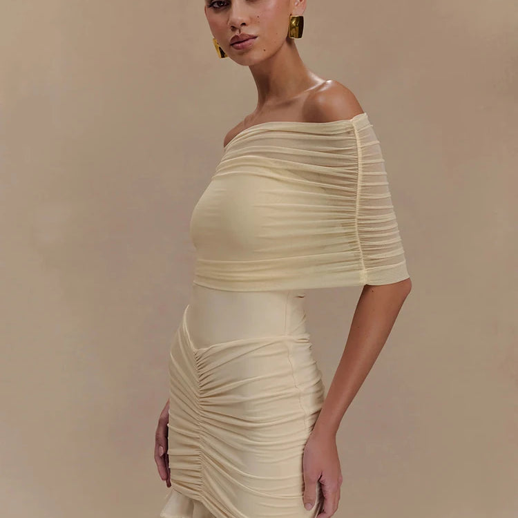 Mesh Strapless Off-shoulder Sexy Ruffled Mini Dress For Women Fashion Backless High Waist Female Ruched Party Dress