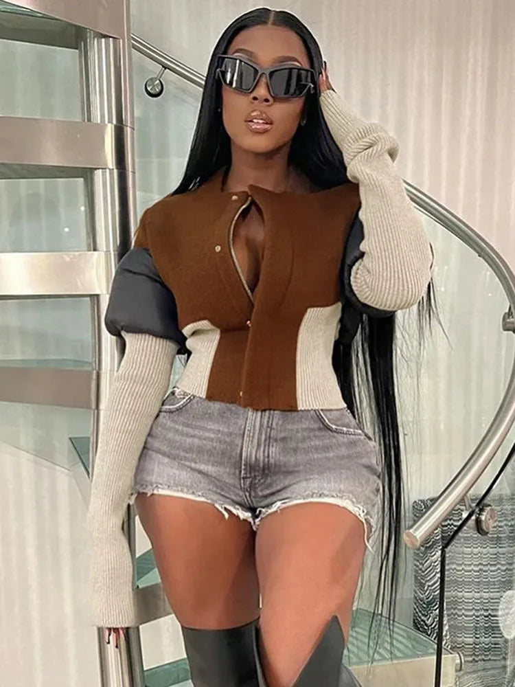 DEAT Fashion Women's Color Block Jackets Long Sleeve Zipper Collarless Slim Short Patchwork Short Coat Spring New 7AB3106