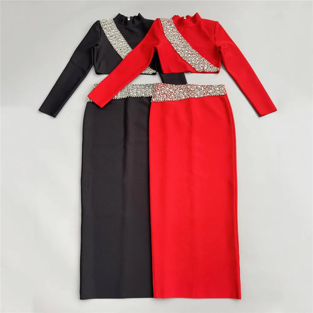 Black Red Women Long Sleeve Shinning Rhinestones 2 Pieces Bodycon Long Bandage Dress Elegant Evening Party Red Carpet Outfit