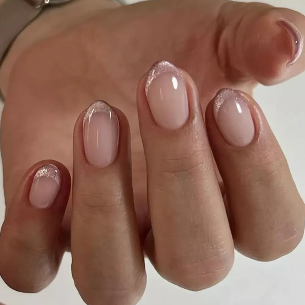 24Pcs Gradient Oval Fake Nails French Short Almond Glitter Nail Tips Art Pink Lovely Wearable Fashion Simple Nails Set Press On 3