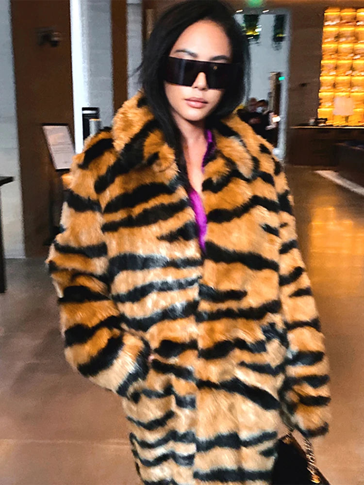 Winter Long Warm Thick Leopard Faux Fur Coat Women Tiger Print Loose Luxury Fluffy Clothing Female Thicken Plush Overcoat