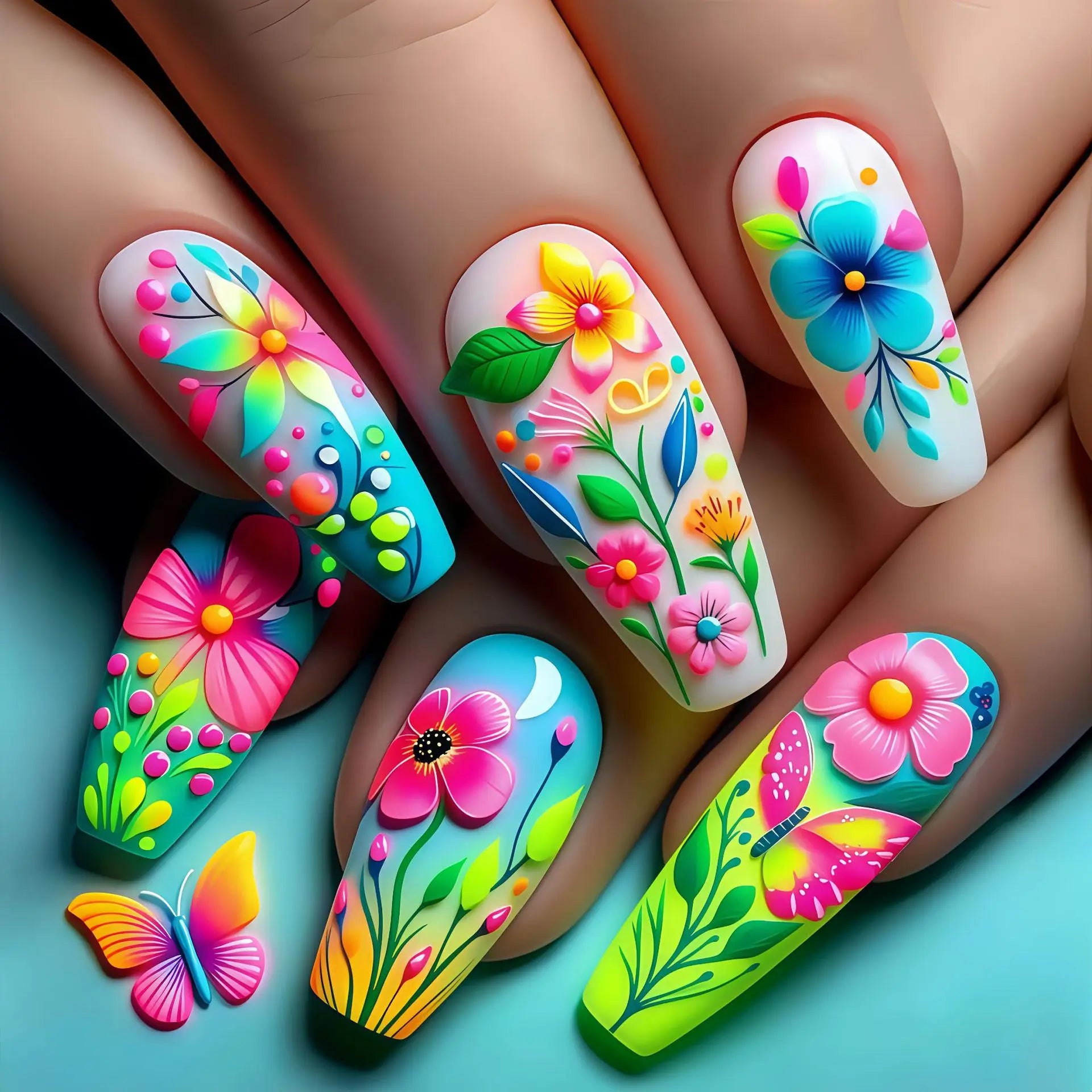 24Pcs Green Colorful Press on Fake Nails with Watermelon Lemon Pattern Manicure Set Plant Flowers Design Long Ballet False Nails 4