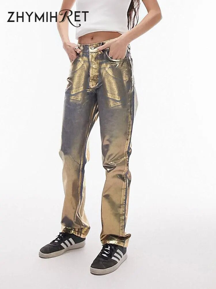 ZHYMIHRET Gold Stamping Straight Jeans For Women 2024 Autumn Winter Metallic Denim High Waist Pants Streetwear Y2K Clothing