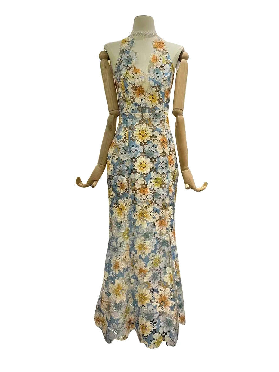 Colorblock Hollow Out Spliced Printing Elegant Dresses for Women Halter Neck Sleeveless Split Dress Female Fashion PRINT