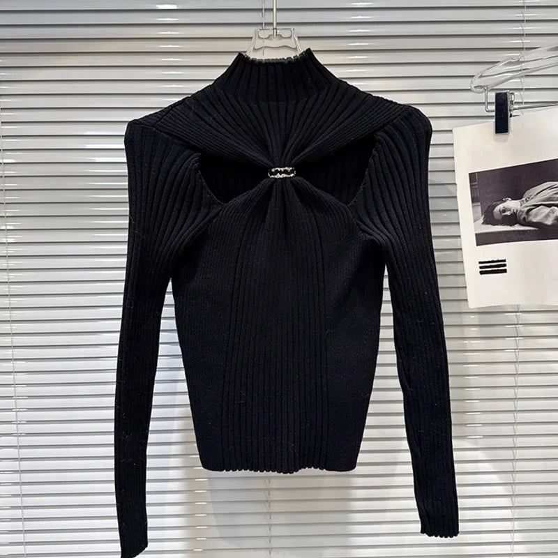 Winter New Fashion Style Detachable Buckle Hollow Design Slim Knitted Sweater For Women Solid Color Top 11A07641 Black One Size