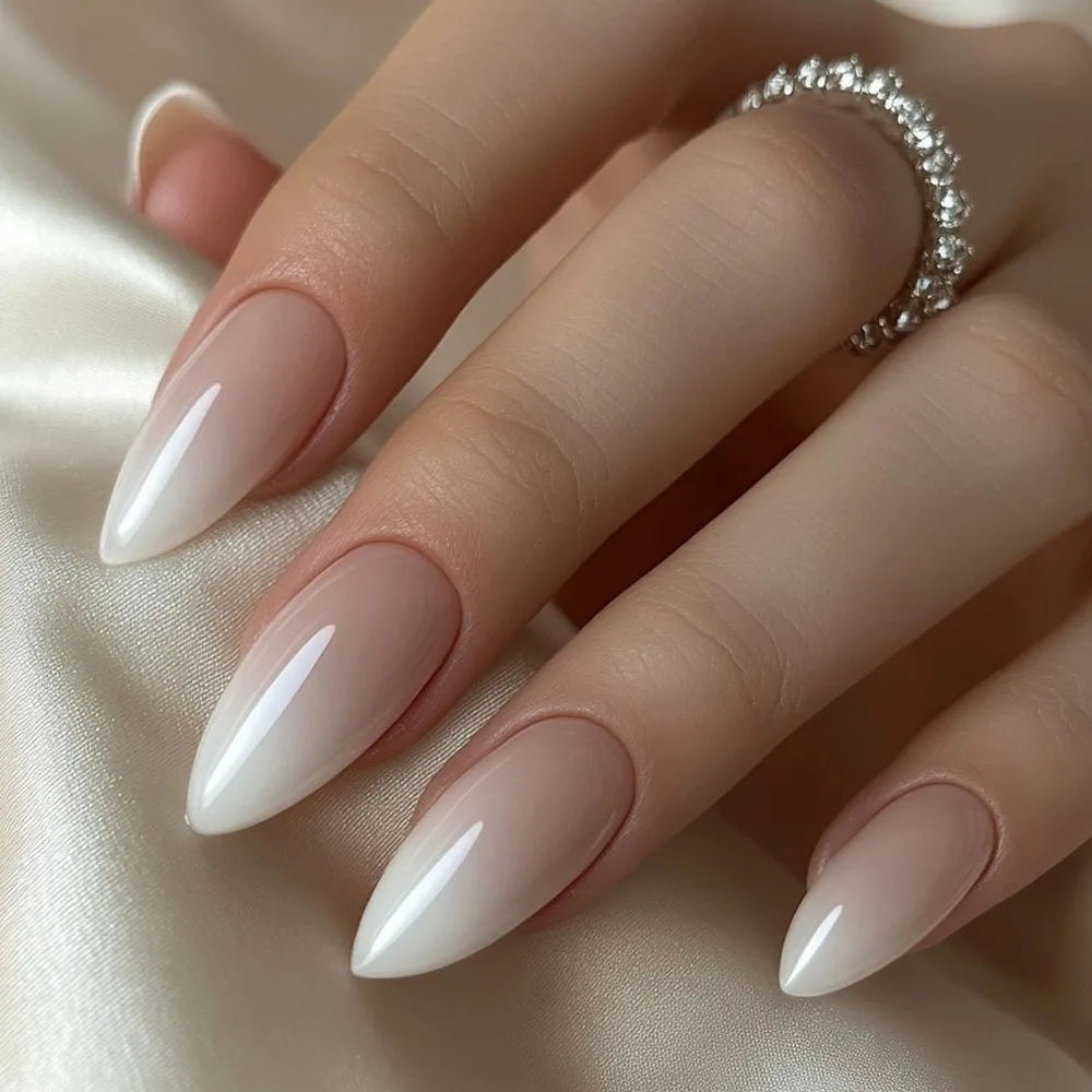 24pcs French Almond Fake Nail Sweet Pink White Gradient False Nail Tips for Lady Women Wearable Ins Simple Korean Press on Nails style 5
