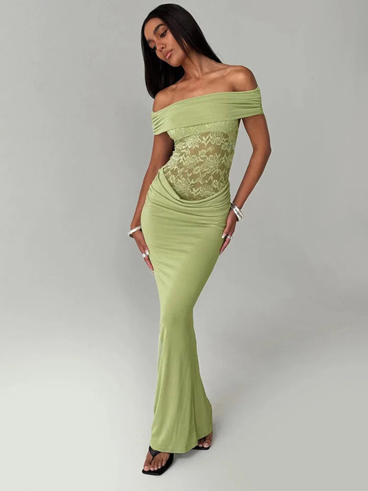 Off-shoulder Strapless Sexy Maxi Dress For Women Green Lace Sheer Sleeveless Backless Bodycon Club Party Long Dress