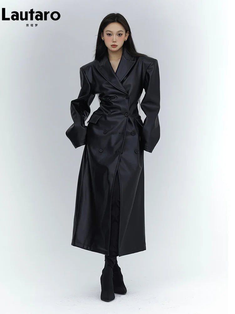 Spring Autumn Long Black Fitted Soft Pu Leather Trench Coat for Women with Shoulder Pads Luxury Designer Clothing 2023