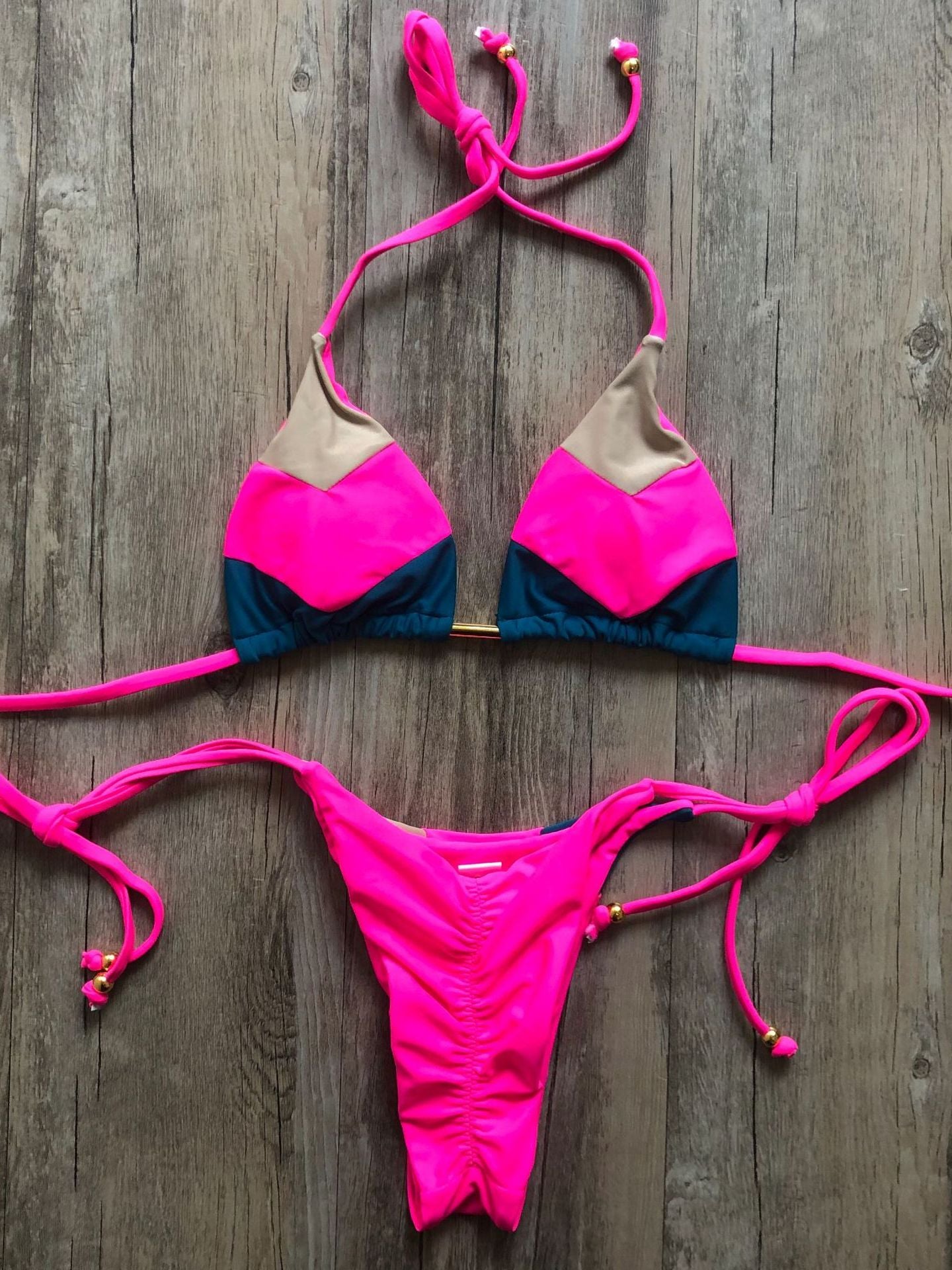 Sexy Halter Swimsuit Thong Micro Bikini Push Up - Brazilian Bikini Tropical Plant Print Swimwear String Mini Swimsuit as picture 4