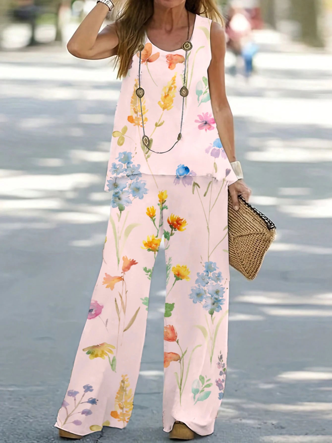 1XL-8XL Plus Size Women's Casual Outfits Two Piece Set Solid Round Neck Tank Top Wide Leg Pants Outfits 2 Piece Set Pink