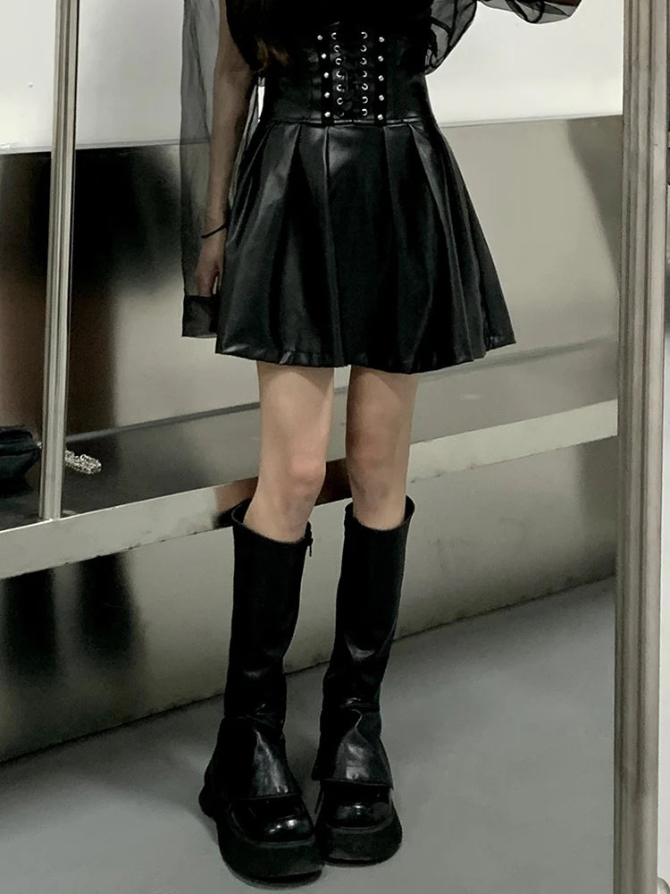 Lautaro Spring Autumn Black Soft Pu Leather Pleated Skirt Women High Waist Goth Vintage Punk Style Luxury Designer Clothes 2025 Black