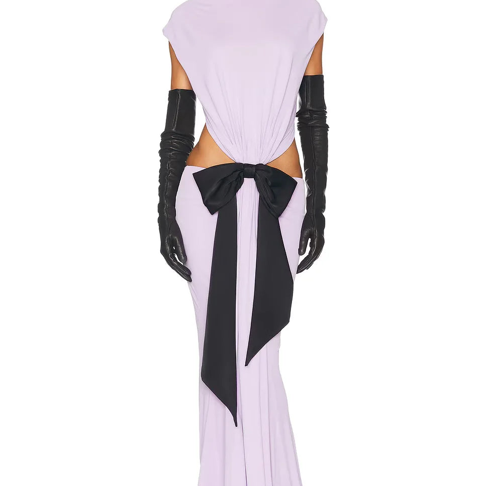 White Purple Women Sleeveless O-Neck Hollow Out Waist Bodycon Floor-length Gown Dress Elegant Evening Party Cocktail Outfit Lavender