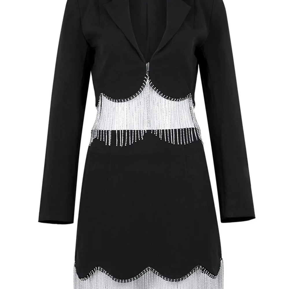 Sexy Women's Light Luxury Diamond Tassel Skirt Set with Flip Collar Long Sleeve Ultra Short Suit Coat+Mini Skirt Two Piece Set