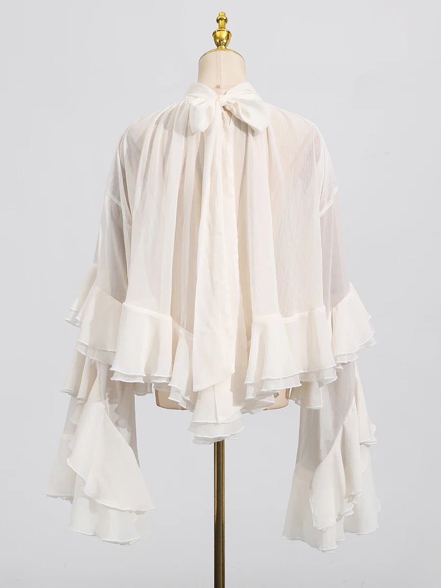 Solid Loose Sheer Blouses for Women High Neck Long Sleeves Patchwork Ruffles Folds Elegant Blouse Female Clothing