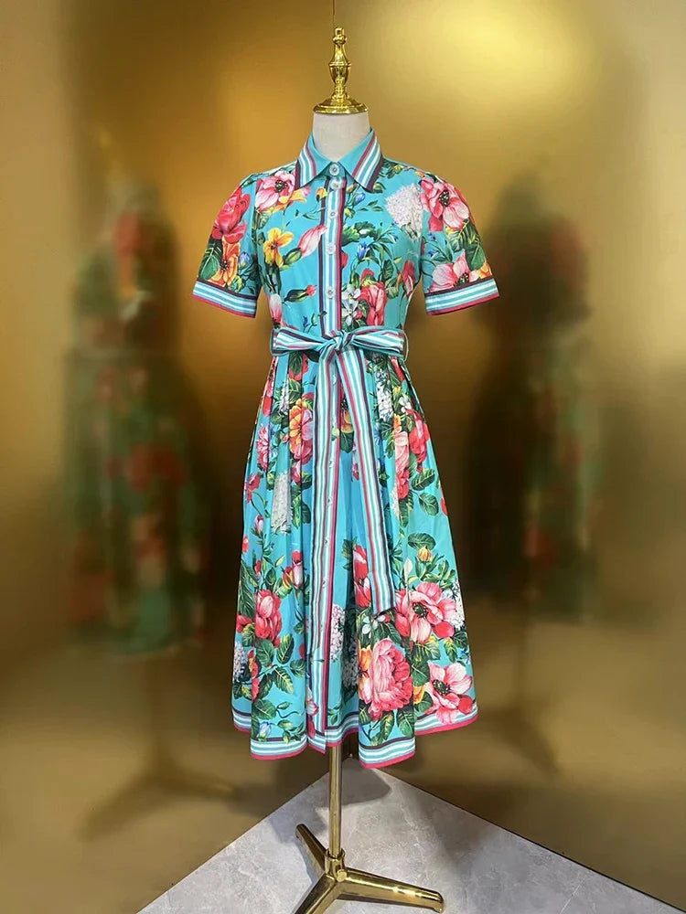 VGH Patchwork Lace Up Floral Printing Casual Dresses For Women Lape Short Sleeve High Waist Spliced Button Dress Female Fashion BLUE