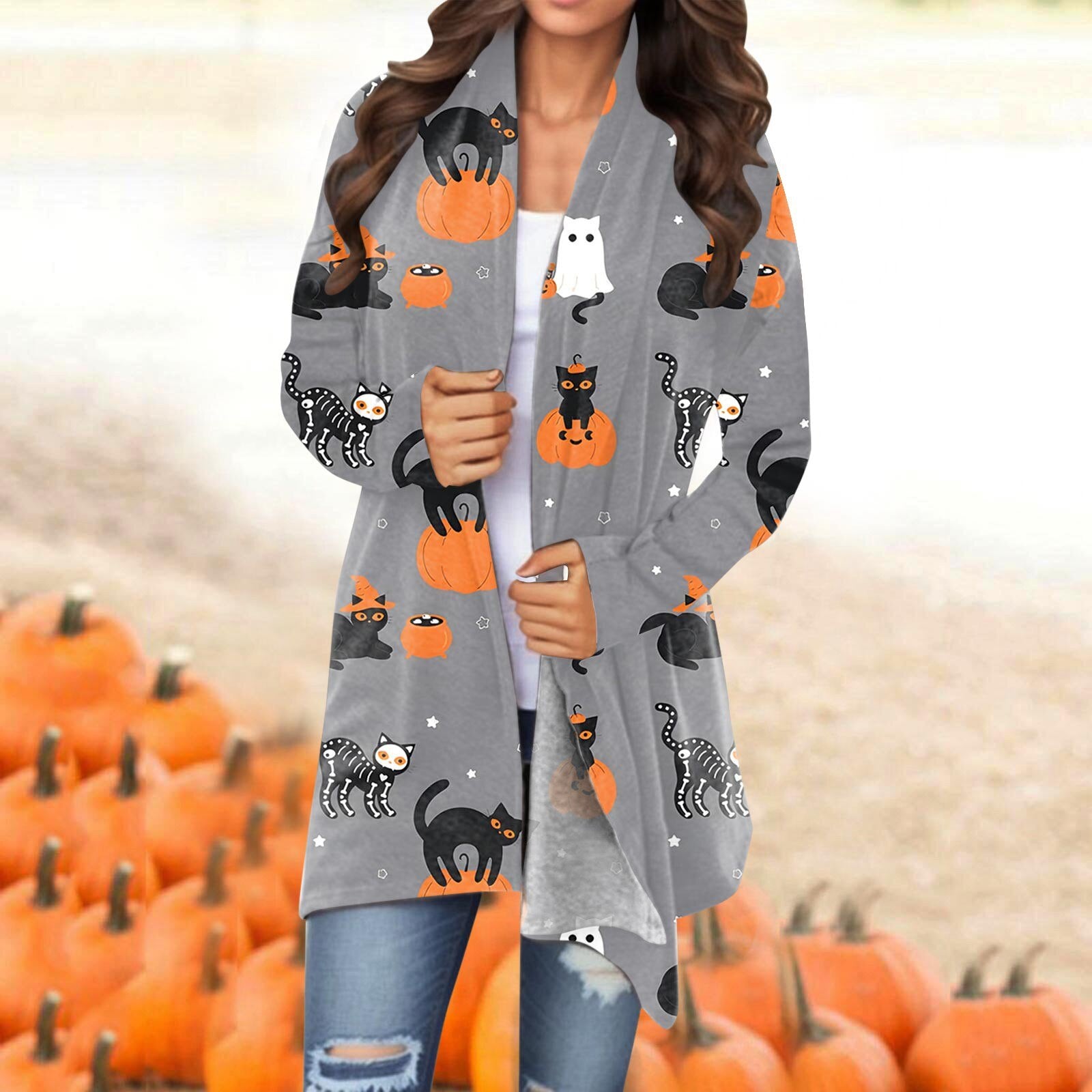 Women Halloween Cardigan Coat Fashionable Pumpkin Animal Cat Vat Printing Jacket Long Sleeve Coat Female Autumn Winter Clothes Grey-A