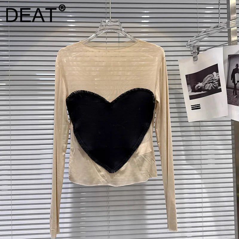 Winter New Fashion Heart Pattern Contrast Color Long Sleeve Mesh T-Shirt For Women Versatile Slim Fit Tops 11A07586