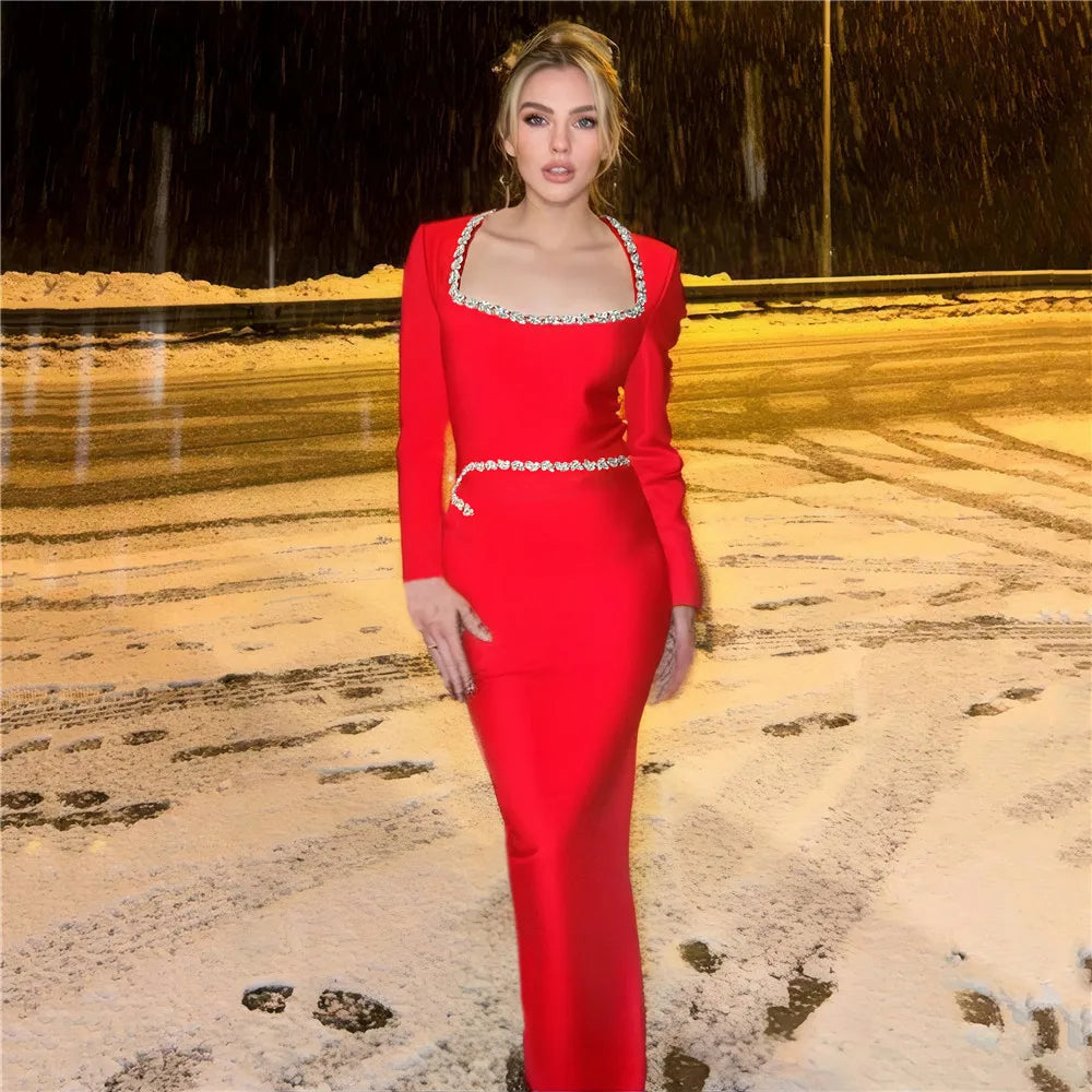 Red Color Women Long Sleeve Square Collar Shinning Crystal Bodycon Long Bandage Dress Celebrate Nightclub Party Outfit Red