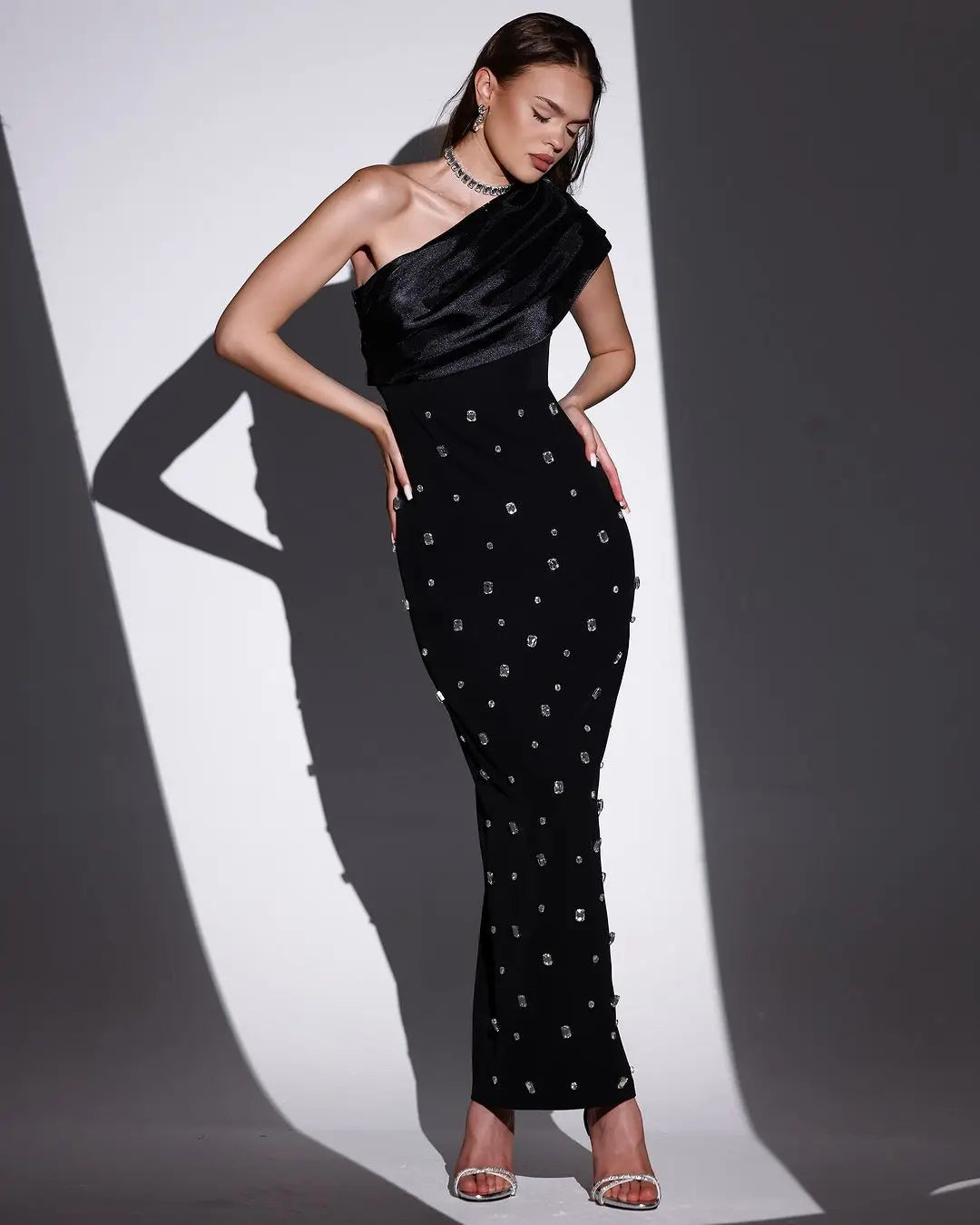 Rosered Black Color Women Sexy One Shoulder Shinning Crystal Bodycon Bandage Long Dress Celebrate Fashion Evening Party Outfit