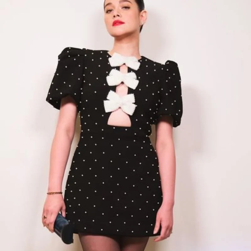 Bow Hollow Out Women's Black Dress Sexy Short Sleeve Party Mini Bandage O-neck Dresses Spring Elegant Shinny Robe