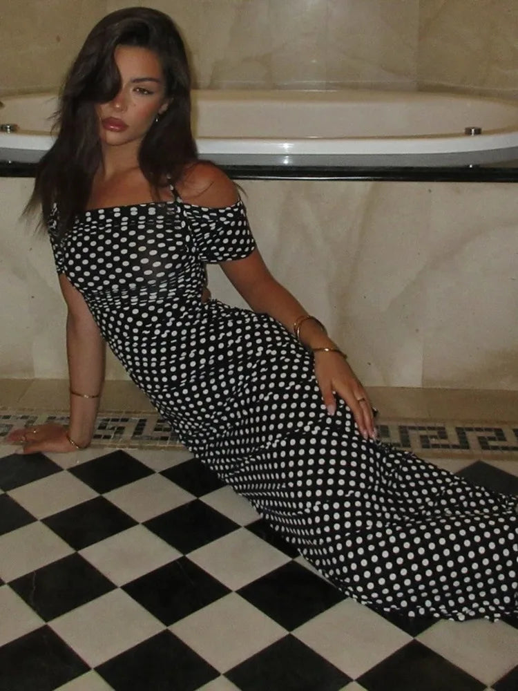 Mozision Off-shoulder Polka Dot Maxi Dress For Women Gown Fashion Halter Sleeveless Backless bodycon Split Long Dress Elegant