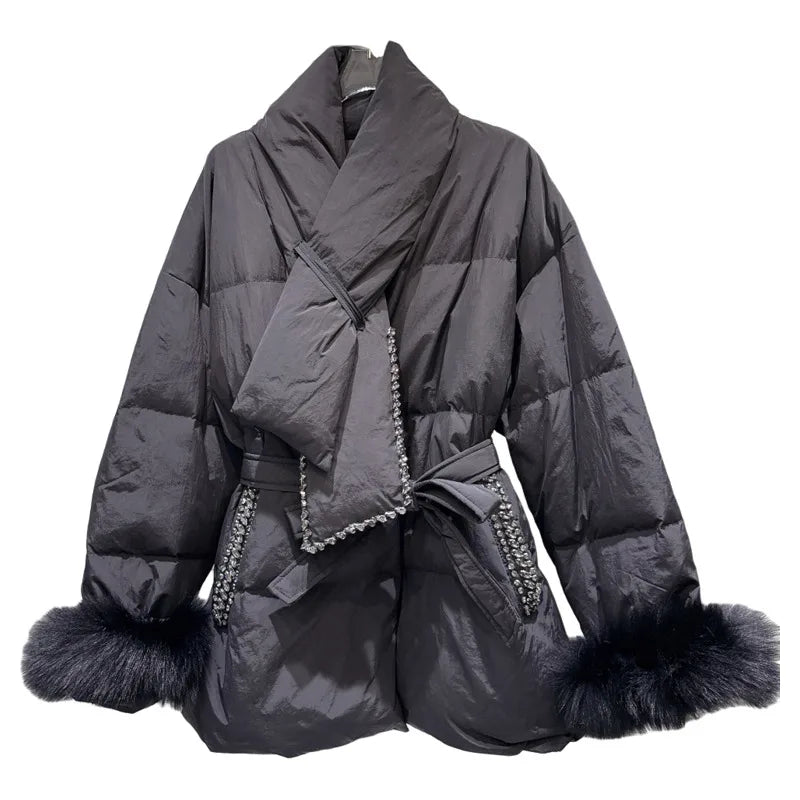 Winter New Fashionable Rhinestone Edge Furry Cuff Scarf Collar Warm Jacket For Women Loose Lace-up Waist Coat 11A07672