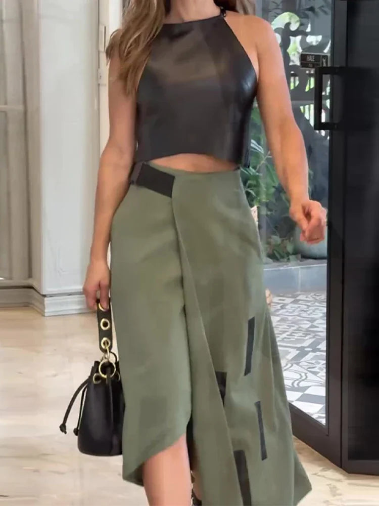 Fashion Pu Leather Vest Skirt Sets Women Sleeveless Cropped Tops With Split Slim Skirts Suits New Chic Ladies Streetwear Black