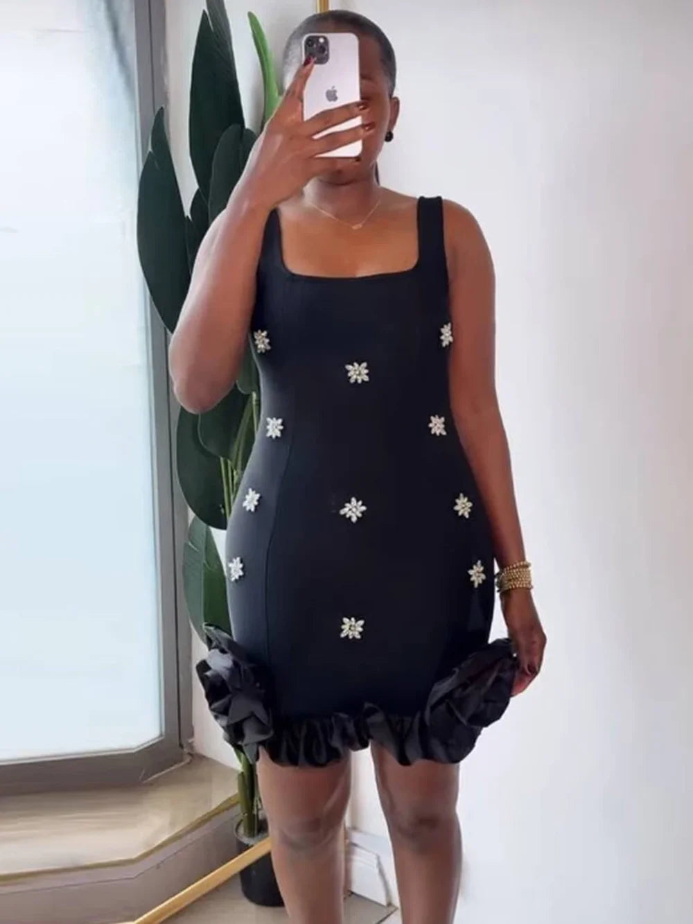 Spliced Diamonds Flower Bandage Mini Dress For Women Solid Color Sleeveless Bodycon Party Dresses Female 2025