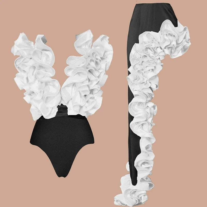 Women Sets Streetwear 2 Two-piece Suits Sexy Beach Holiday Ruffles Asymmetrical V-neck Bodysuit+Long Skirts Bikinis Sets black white