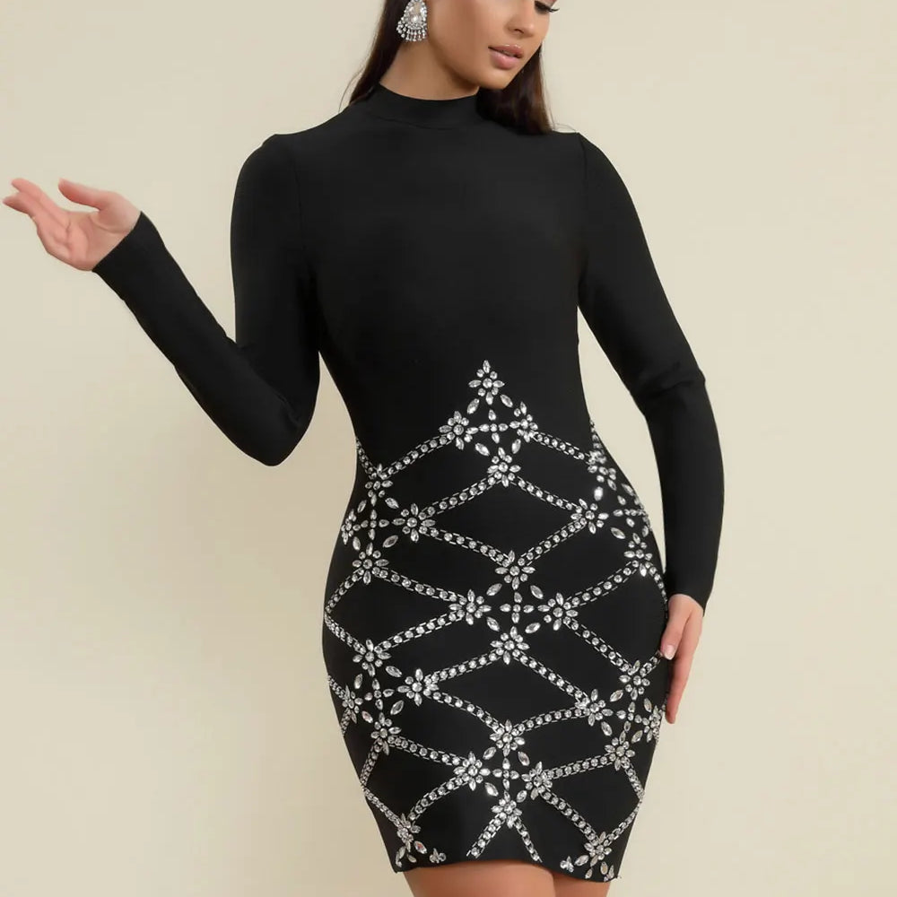2025 Spring Elegant Women's Bandage Dress Stand Collar Long Sleeve Light Luxury Hot Diamond Bodycon Dress Club Party Vestidos
